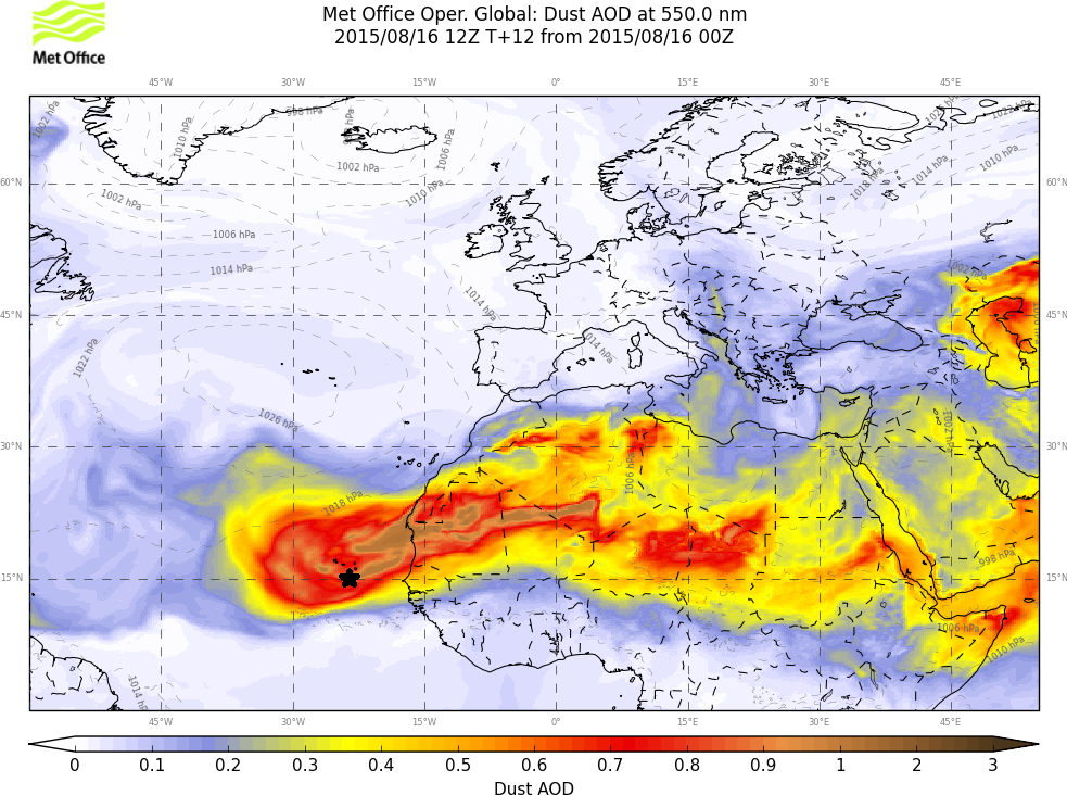 Met Office operational global model dust forecast for 16 August 2015, showing a large plume of dust arriving at Cape Verde archipelago (black star in the map) SAVEX-D flight campaign with FAAM's BAe146